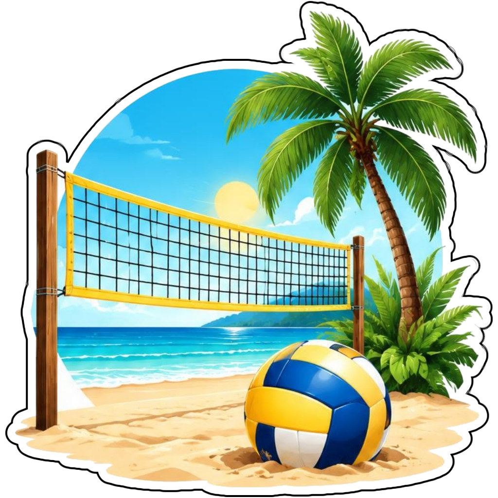 A beach volleyball net with a ball and palm