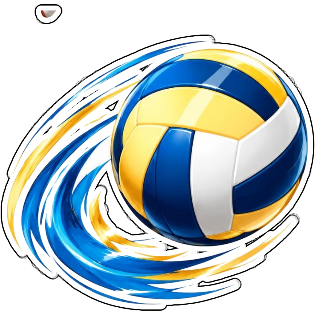 A blue and yellow volleyball with motion swirls