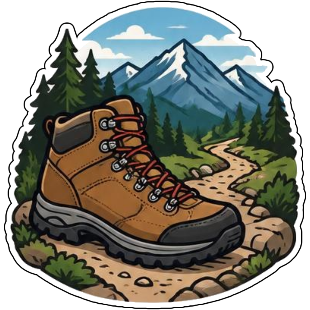 A hiking boot on a mountain trail