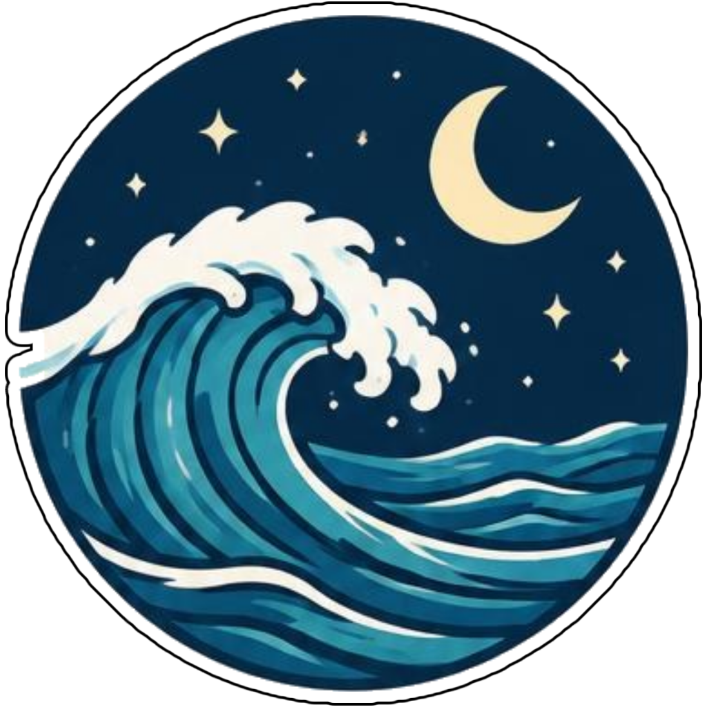 A wave curling under a crescent moon