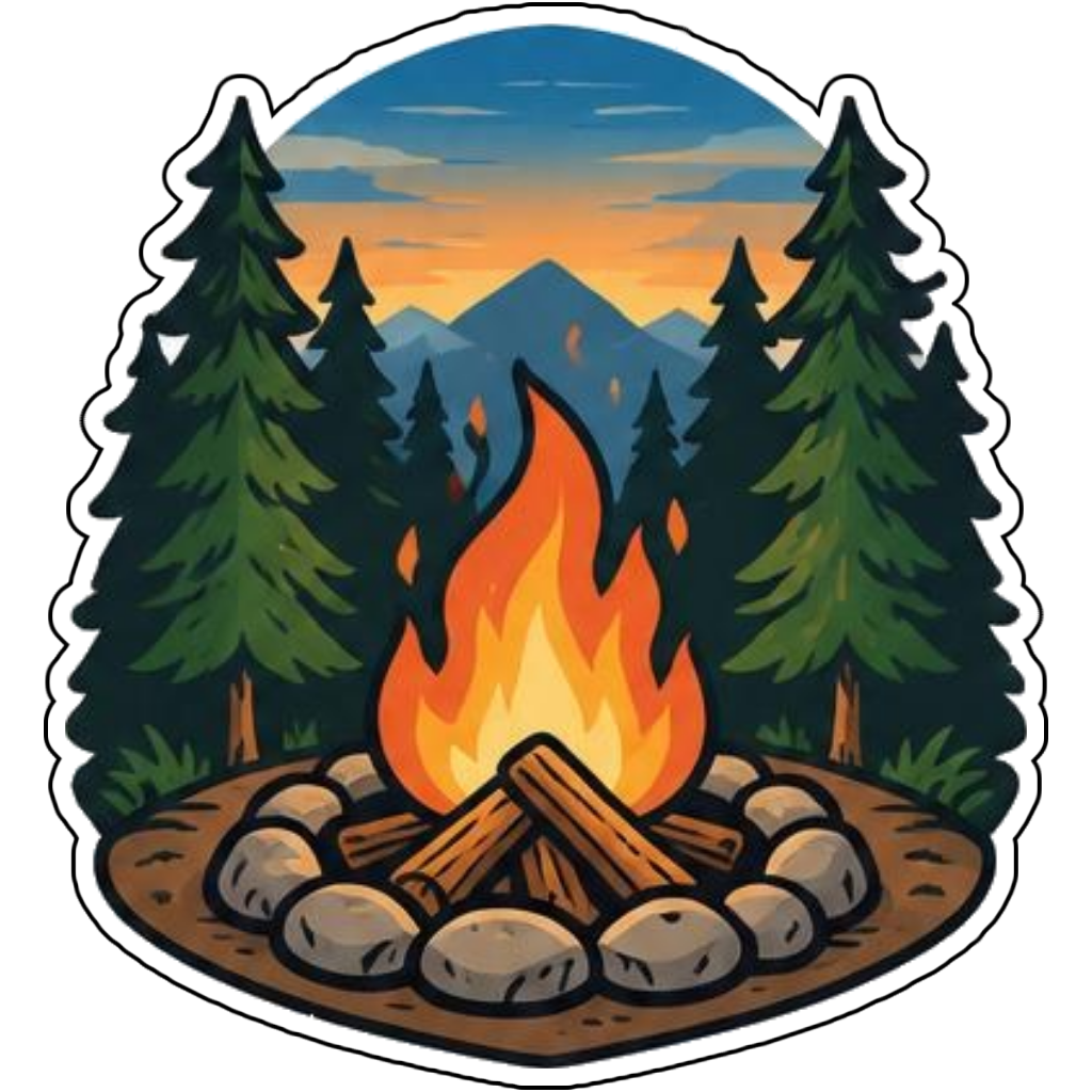 A campfire under pine trees