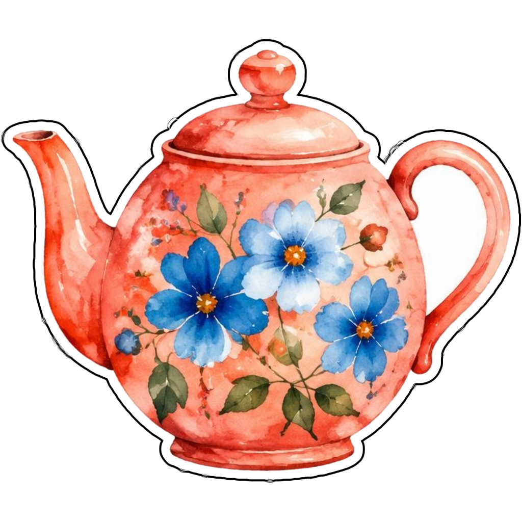 A coral teapot with blue flowers in watercolor