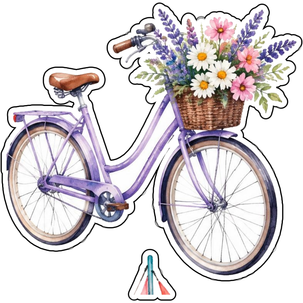 A lavender bicycle with a basket of flowers in watercolor
