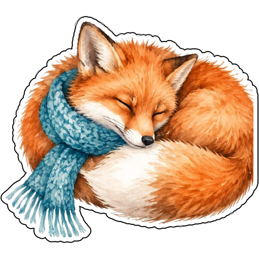 An orange fox sleeping in a scarf in watercolor