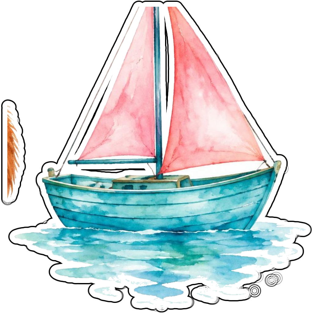 A teal sailboat with pink sails in watercolor