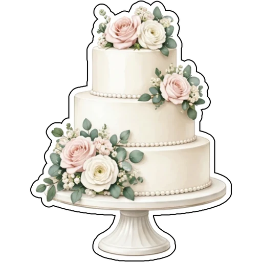 A three-tier white cake decorated with blush roses