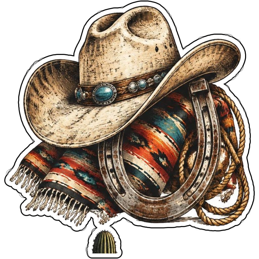 A cowboy hat beside a horseshoe and lasso