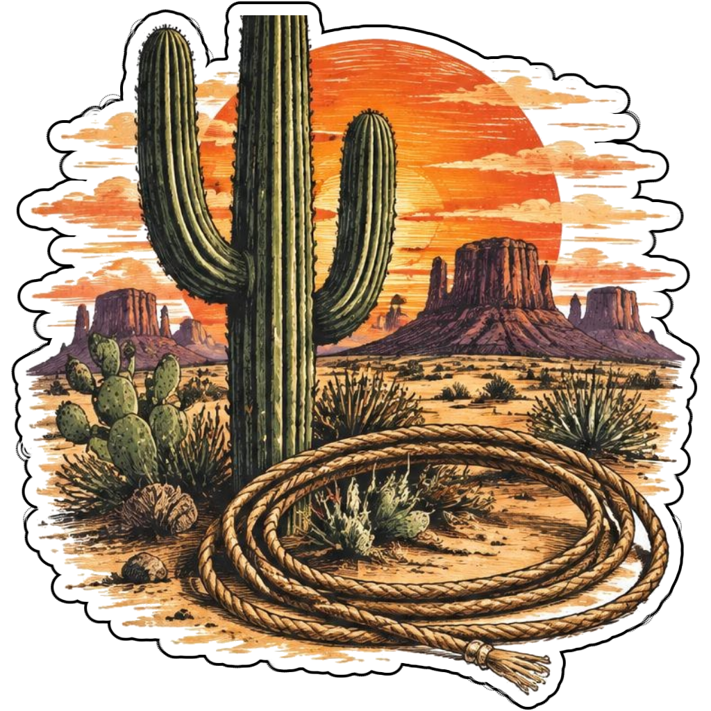 A desert cactus with a sunset and rope motif