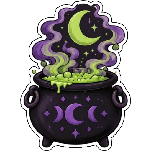 A bubbling cauldron with a crescent moon in the steam