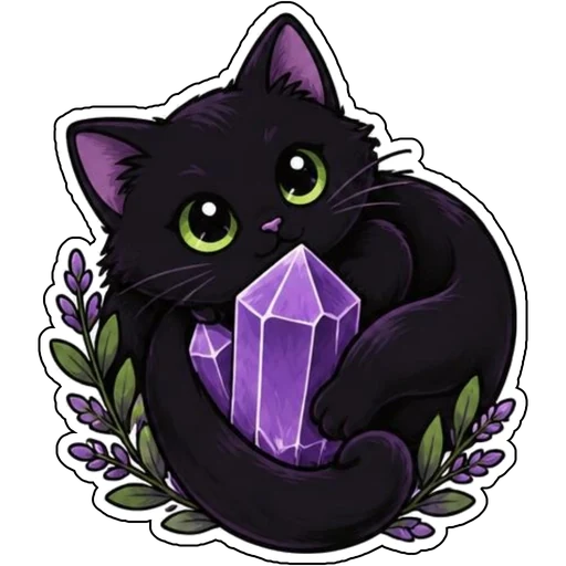 A black cat curled around a purple crystal