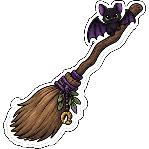 A broomstick with a tiny bat on the handle
