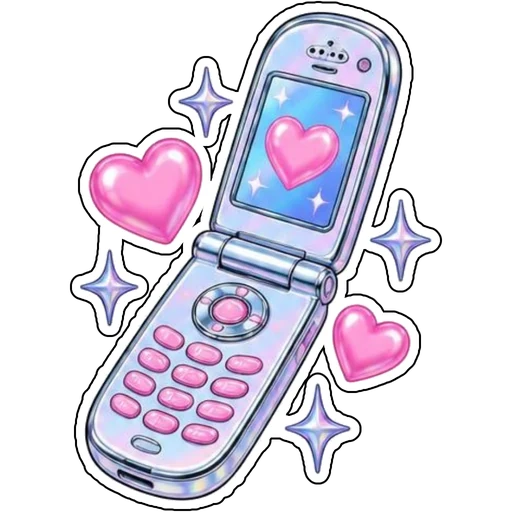 A flip phone surrounded by sparkles and hearts